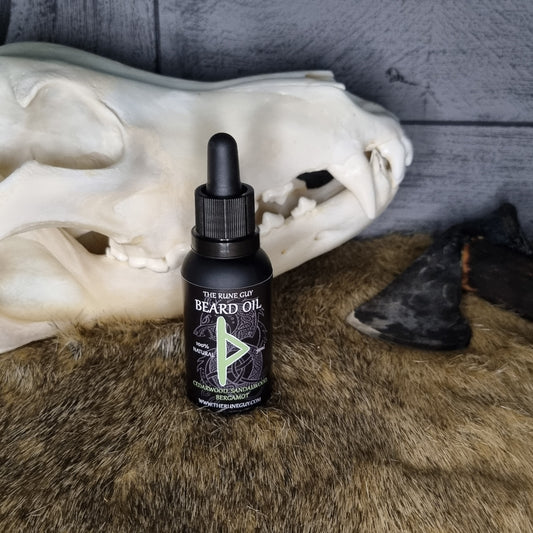 Beard oil bottle on a skull with fur in the background